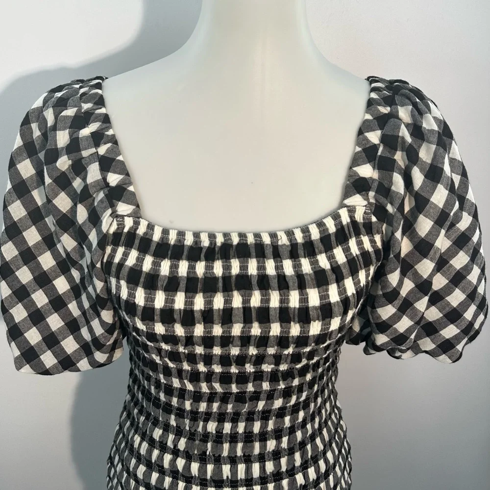 Endless Rose XS Black White Gingham Smocked Puff Sleeve Mini Dress Cotton Boho! - Picture 4 of 9